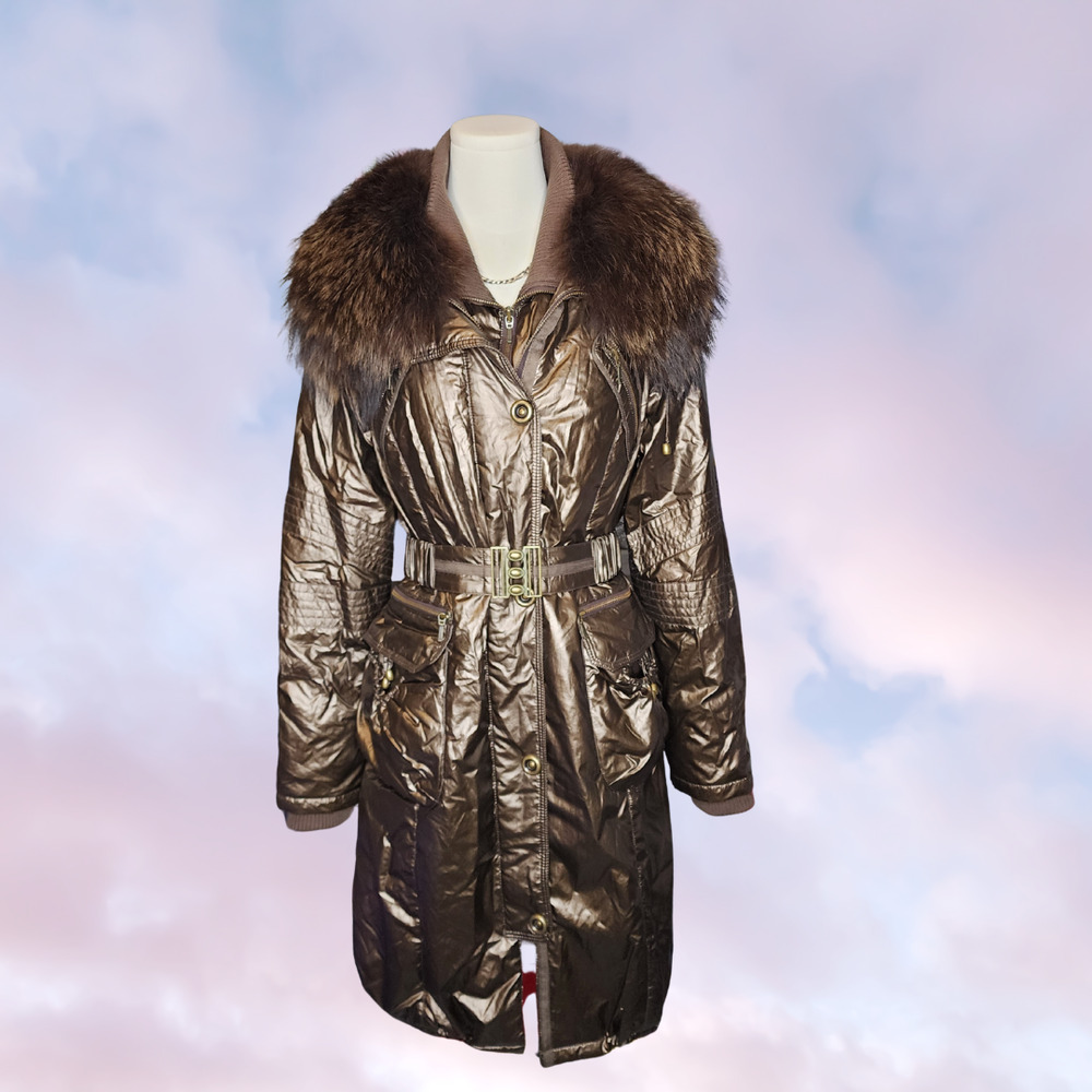 Alexandra Fur Collar Winter Belted Coat Brown Copper Double Zip Utility Parka M